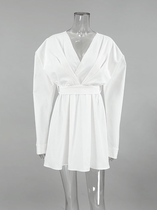 Long Sleeves Loose Pleated Solid Color Split-Joint Tied Waist V-Neck Mini Dresses Shirt Dress