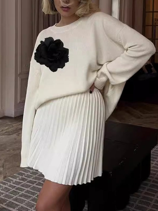 Long Sleeves Loose Flower Shape Split-Joint Round-Neck Sweater Tops