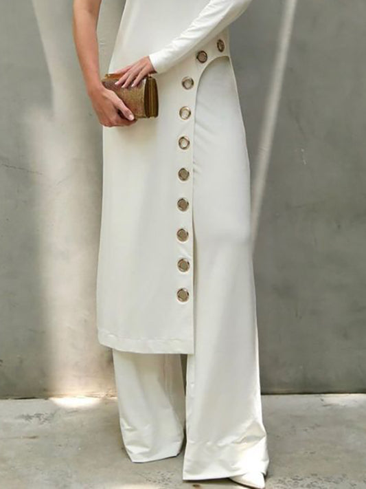 Long Sleeves Asymmetric Hollow One-Shoulder Shirts Top + High Waisted Pants Bottom Two Pieces Set