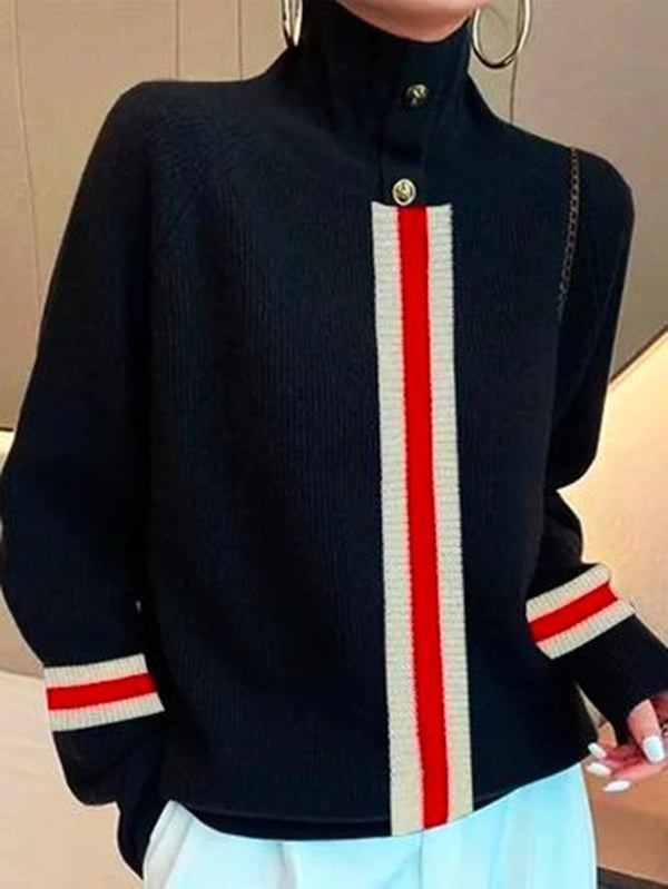 Long Sleeves Loose Split-Joint Striped High Neck Sweater Tops