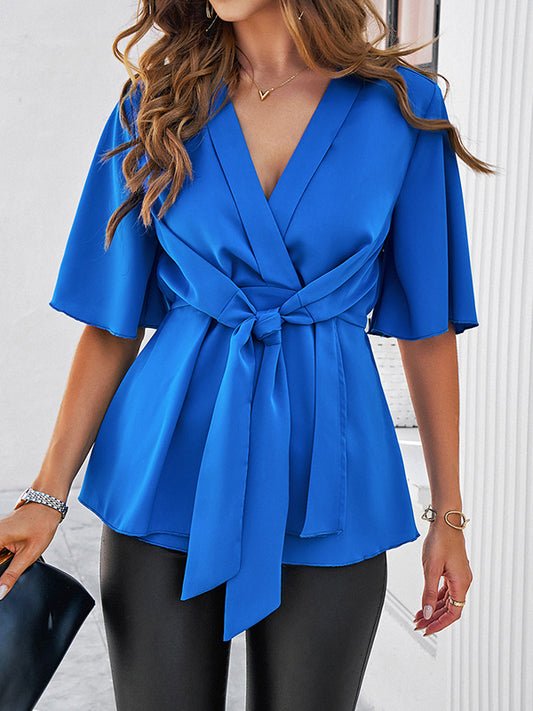 Flared Sleeves Half Sleeves Solid Color Tied V-Neck Blouses&Shirts Tops