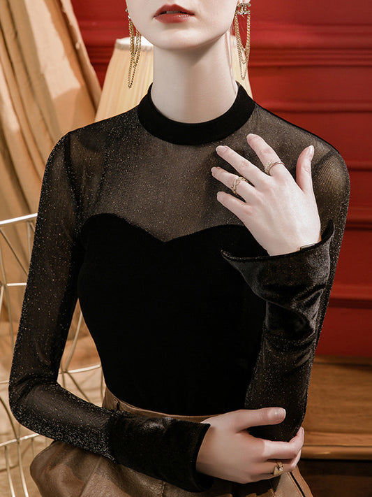 Long Sleeves Skinny See-Through Split-Joint Velvet Mock Neck T-Shirts Tops
