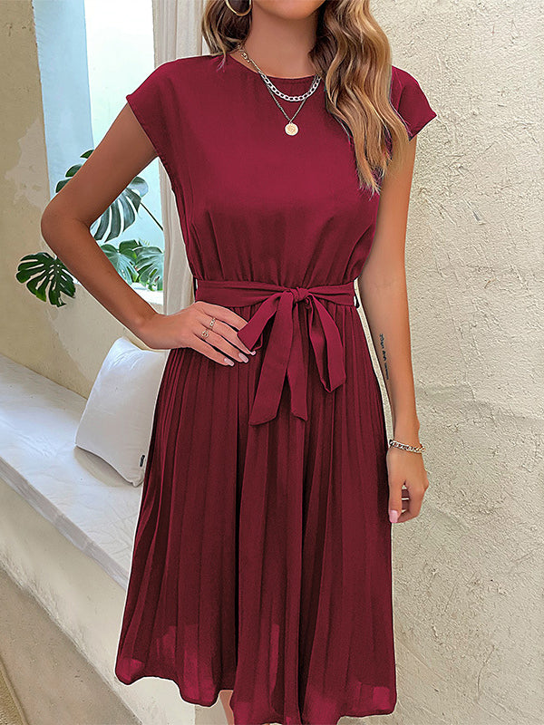 A-Line Loose Pleated Solid Color Tied Waist Round-Neck Midi Dresses