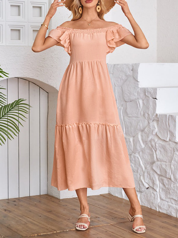 A-Line Loose Elasticity Pleated Ruffled Solid Color Split-Joint Off-The-Shoulder Midi Dresses