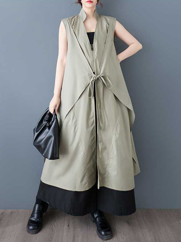 A-Line Loose Pockets Solid Color Tied Zipper V-Neck Midi Dresses Shirt Dress