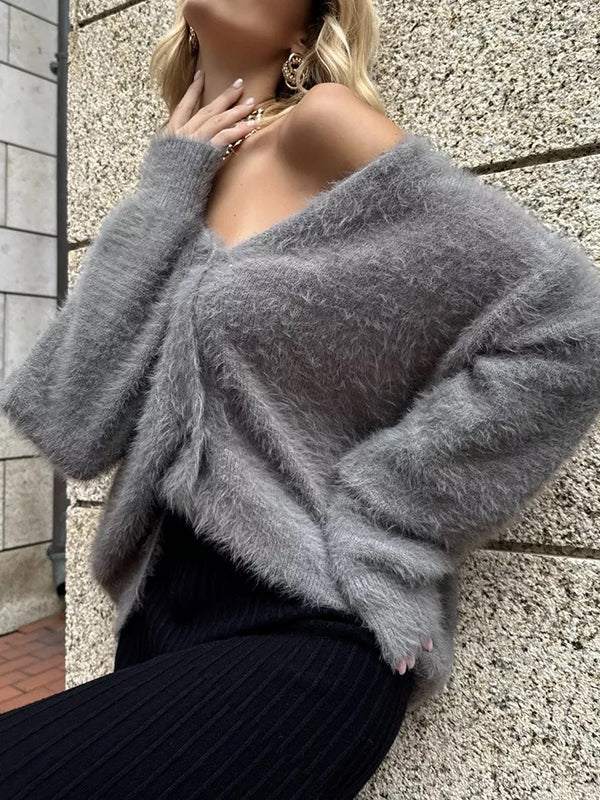 Long Sleeves Loose Buttoned Solid Color V-Neck Cardigan Tops