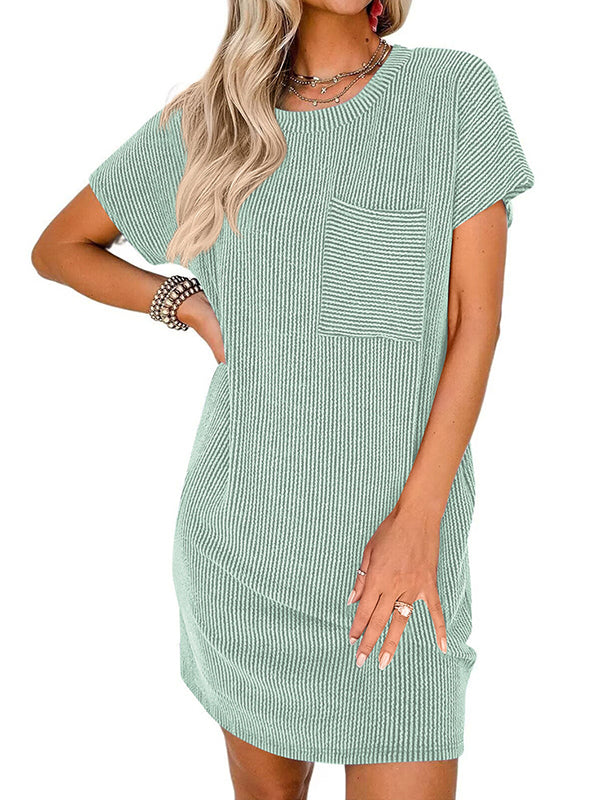 A-Line Loose Contrast Color Pockets Split-Joint Striped Round-Neck Mini Dresses