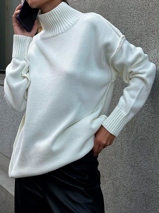 Long Sleeves Loose Solid Color Split-Joint High Neck Pullovers Sweater Tops