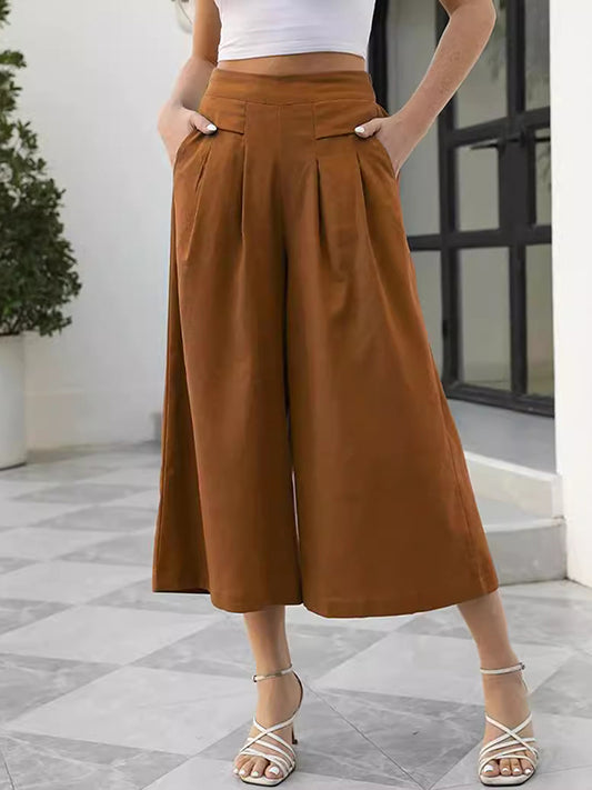 Flared Pants High Waisted Pleated Pockets Solid Color Split-Joint Ninth Pants Trousers