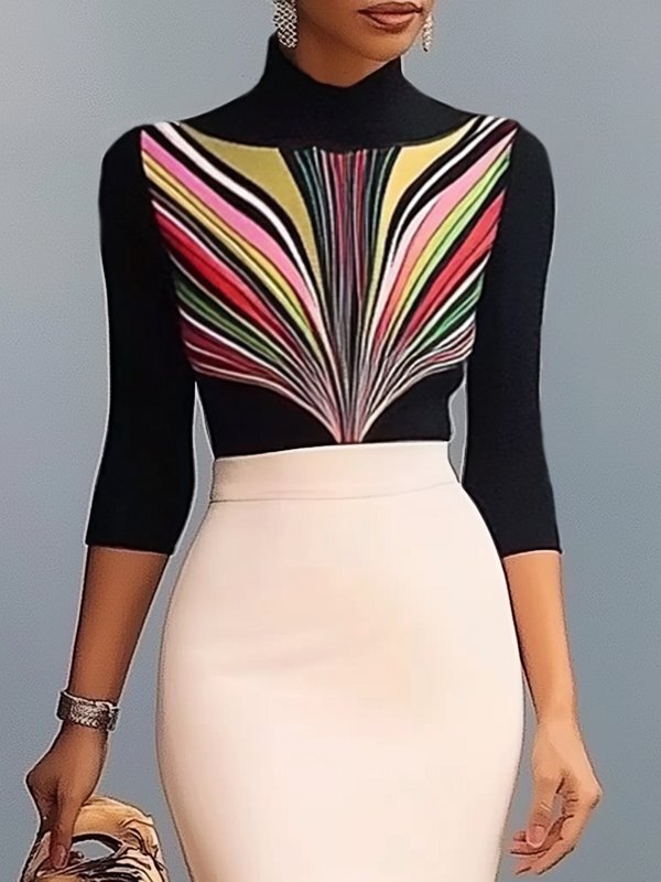 Long Sleeves Skinny Contrast Color Printed High Neck T-Shirts Tops