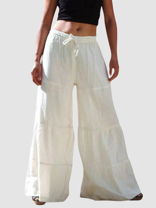 High Waisted Loose Drawstring Elasticity Pleated Solid Color Split-Joint Pants Trousers