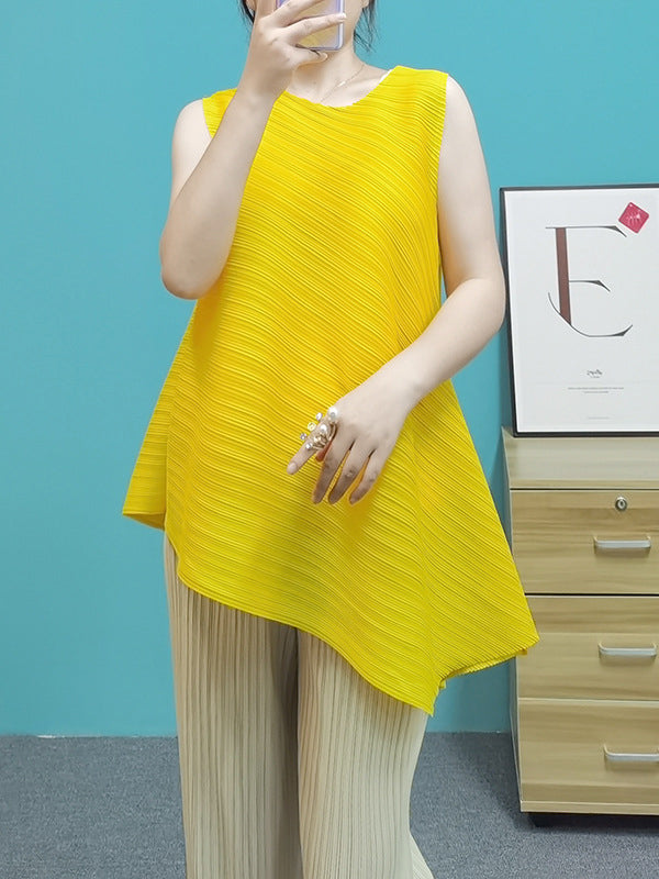 Irregular Clipping Loose Pleated Solid Color Round-Neck Vest Top