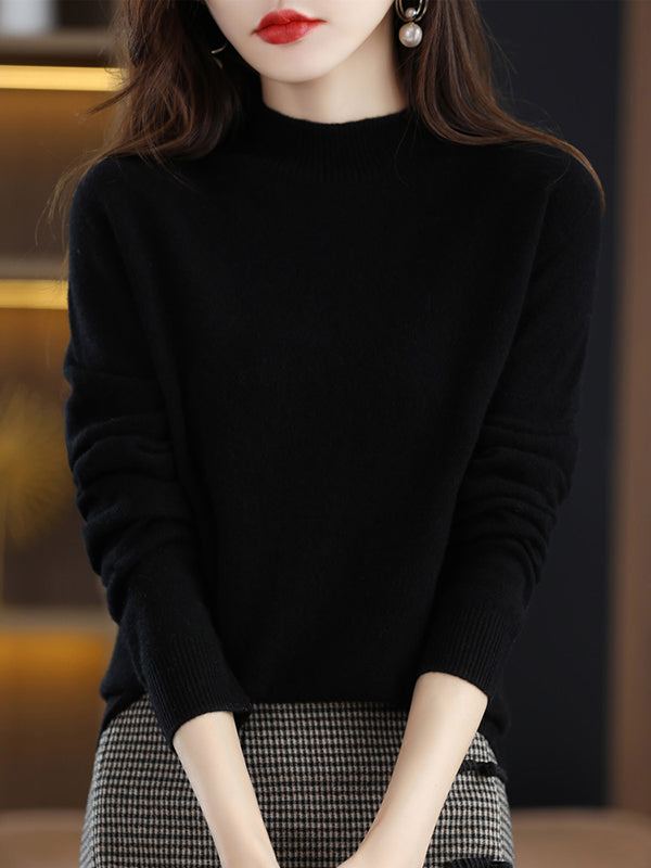 Casual Long Sleeves Solid Color Half Turtleneck Sweater Tops