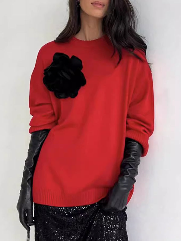 Long Sleeves Loose Flower Shape Split-Joint Round-Neck Sweater Tops