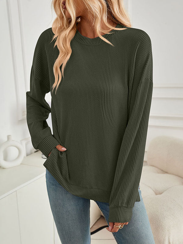 High-Low Long Sleeves Pleated Solid Color Split-Joint Split-Side Round-Neck Sweatershirt