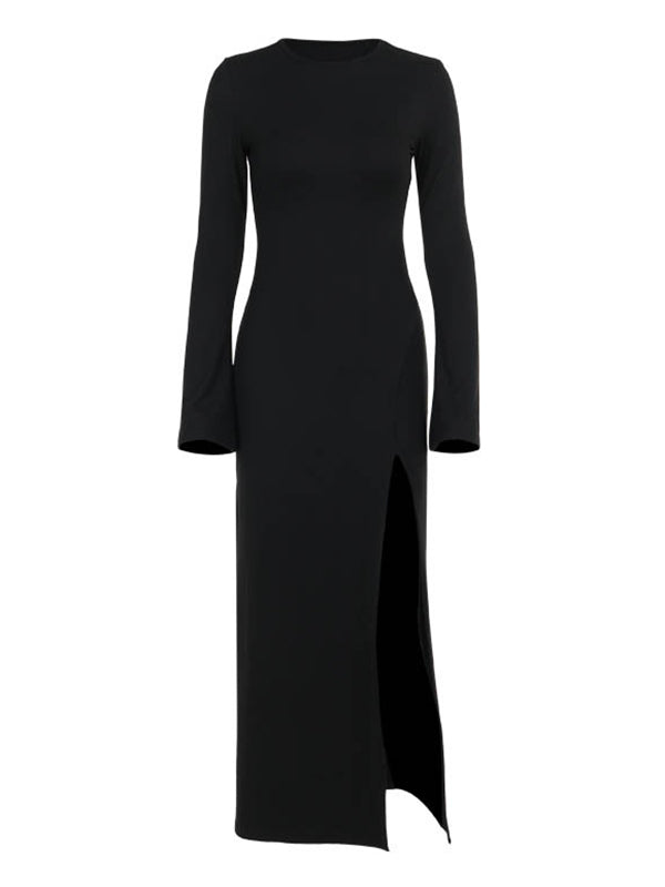 Long Sleeves Loose Asymmetric Solid Color Split-Joint Split-Side Round-Neck Maxi Dresses