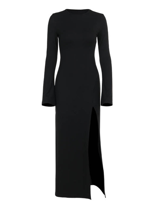 Long Sleeves Loose Asymmetric Solid Color Split-Joint Split-Side Round-Neck Maxi Dresses