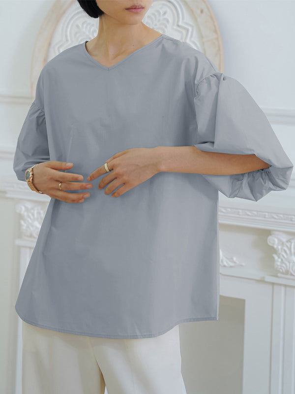 Half Sleeves Loose Solid Color V-Neck Blouses&Shirts Tops
