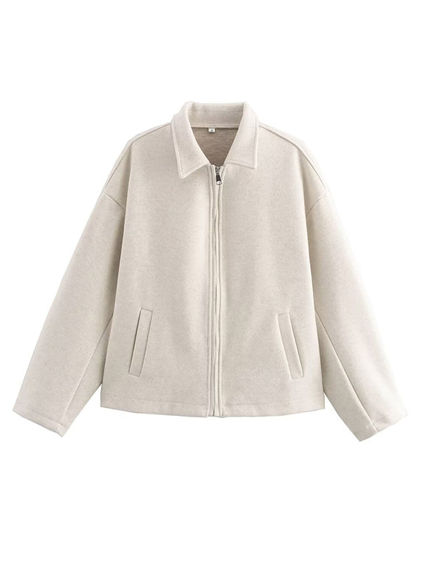 Long Sleeves Loose Solid Color Split-Joint Zipper Lapel Outerwear Woolen Coat