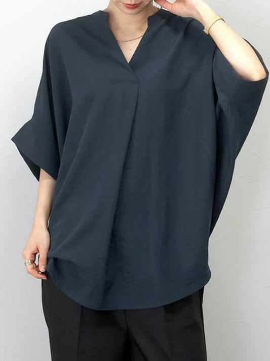 Half Sleeves High-Low Pleated Solid Color Split-Joint V-Neck Blouses&Shirts Tops