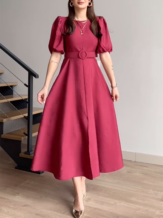 Half Sleeves Puff Sleeves Belted Solid Color Split-Front Round-Neck Midi Dresses