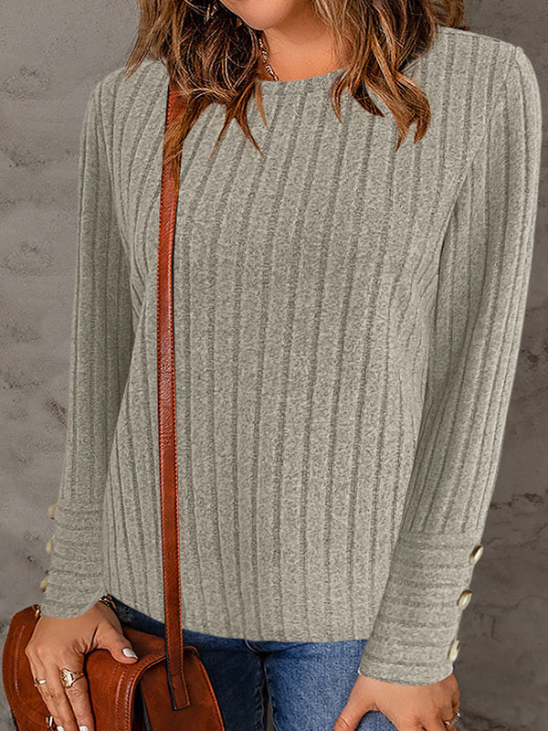 Long Sleeves Loose Buttoned Solid Color Round-Neck T-Shirts Tops