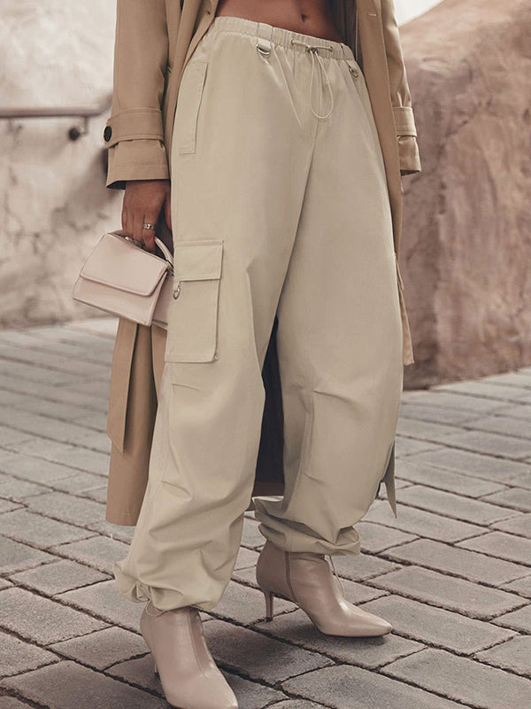 High Waisted Loose Drawstring Elasticity Pockets Split-Joint Pants Trousers