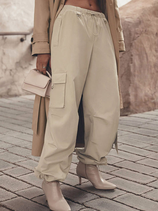 High Waisted Loose Drawstring Elasticity Pockets Split-Joint Pants Trousers