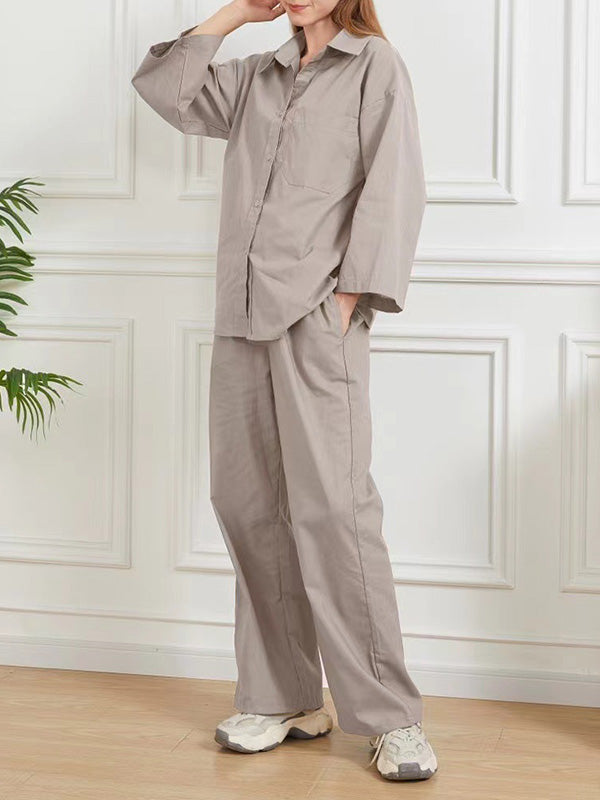 Loose Solid Color Split-Joint Long Sleeves Lapel Blouse + Pants Two Pieces Set