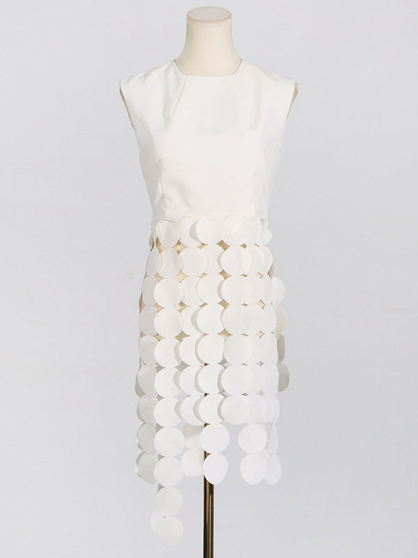 Sleeveless Polka-Dot Solid Color Split-Joint Tasseled Round-Neck Vest Top