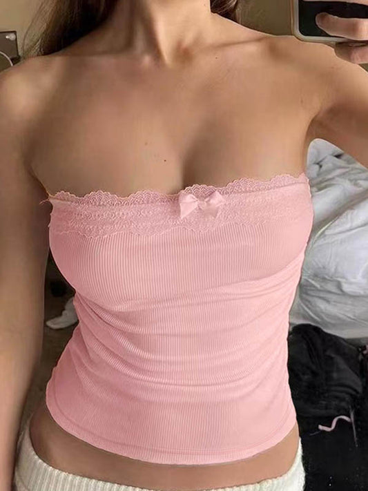 Skinny Sleeveless Bowknot Pleated Solid Color Tube Vest Top