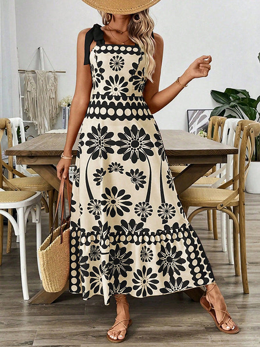 A-Line Loose Elasticity Flower Print Pleated Tied Spaghetti-Neck Midi Dresses