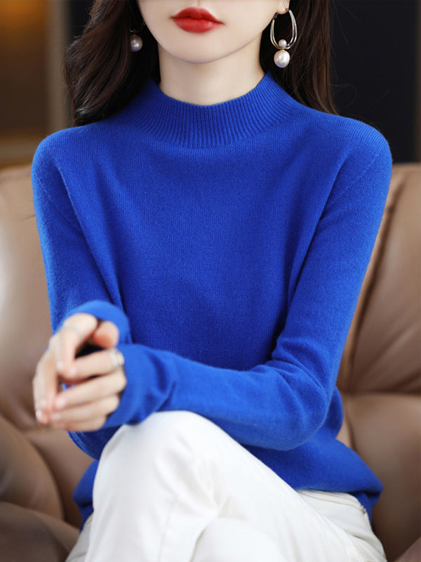 Casual Long Sleeves Solid Color Half Turtleneck Sweater Tops