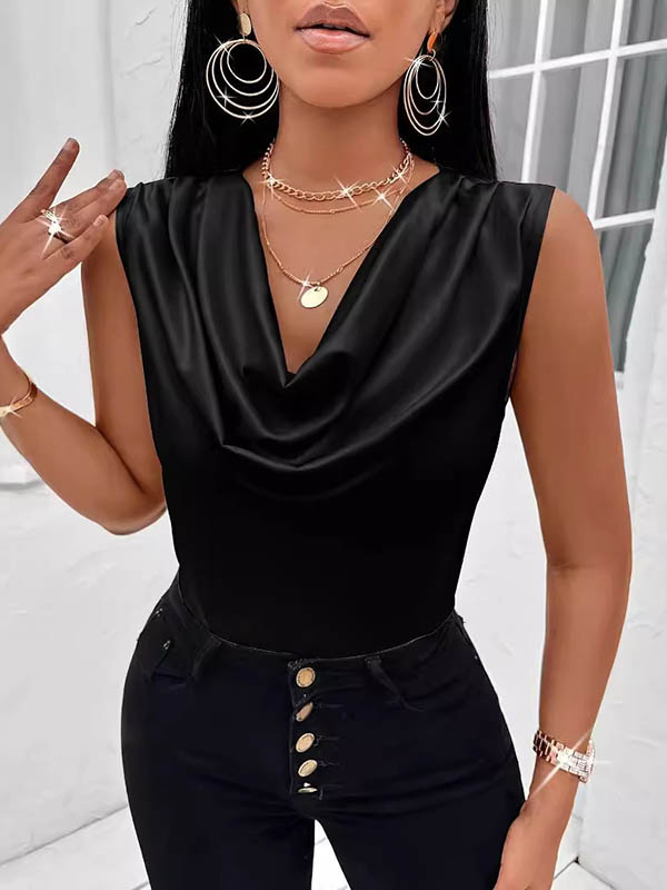 Loose Sleeveless Pleated Solid Color V-Neck Vest Top