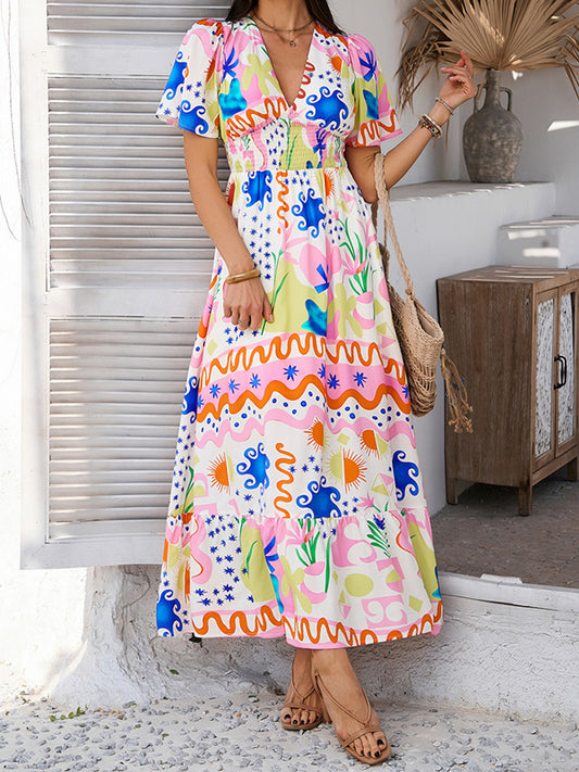 A-line High Waisted Contrast Color Elasticity V-neck Maxi Dresses