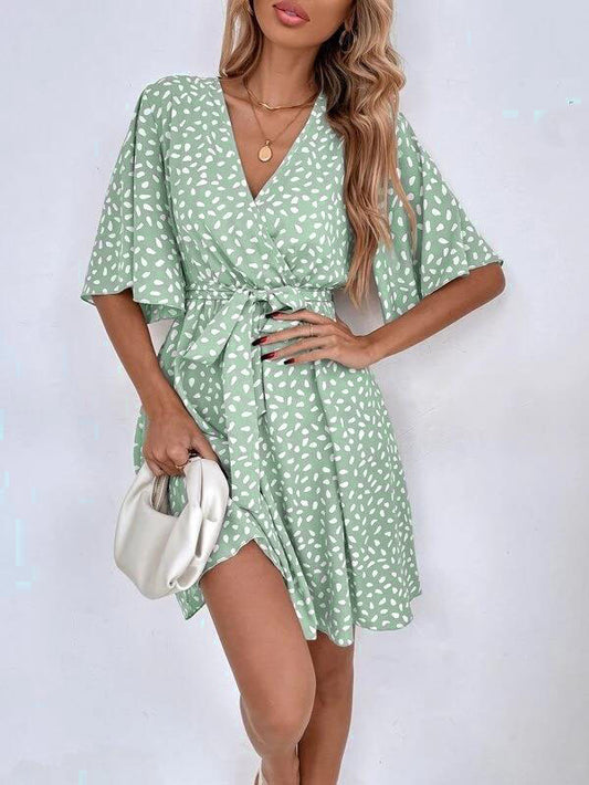 Half Sleeves Loose Pleated Printed Ruffled Tied Waist V-Neck Mini Dresses