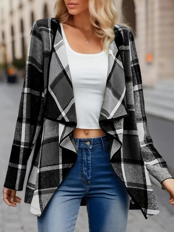 Long Sleeves Loose Contrast Color Plaid Split-Joint Collarless Outerwear