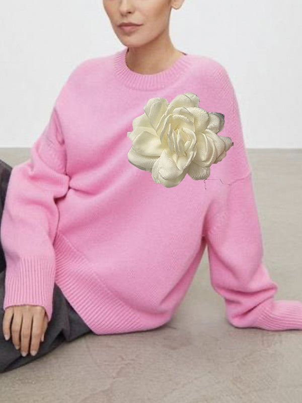 Long Sleeves Loose Flower Shape Split-Joint Round-Neck Sweater Tops