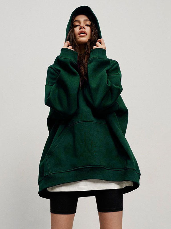 Long Sleeves Loose Pockets Solid Color Velvet Hooded Hoodies Tops