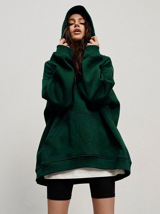 Long Sleeves Loose Pockets Solid Color Velvet Hooded Hoodies Tops