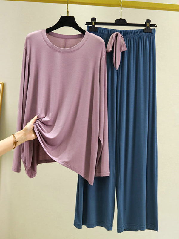 Casual Wide Leg Long Sleeves Drawstring Round-Neck Pajamas Set