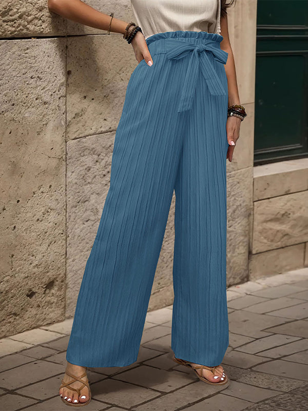 High Waisted Loose Elasticity Pleated Solid Color Tied Waist Pants Trousers