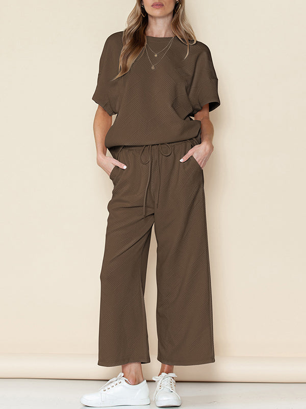 Loose Short Sleeves Solid Color Round-Neck T-Shirt Top + Drawstring Elasticity Pockets Pants Botttom Two Pieces Set