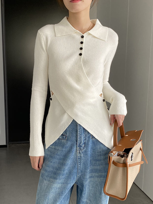 Long Sleeves Skinny Asymmetric Buttoned Hollow Lapel Knitwear Pullovers Sweater