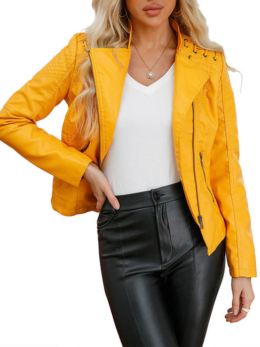 Long Sleeves Split-Joint Zipper Mock Neck PU Jackets Outerwear