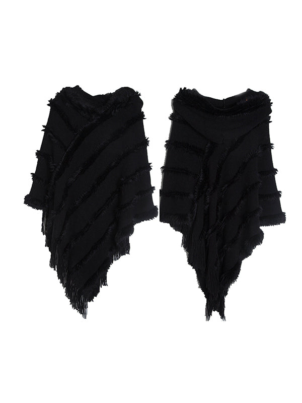 Hooded Keep Warm Solid Color Tasseled Cape Shawl&Cloak