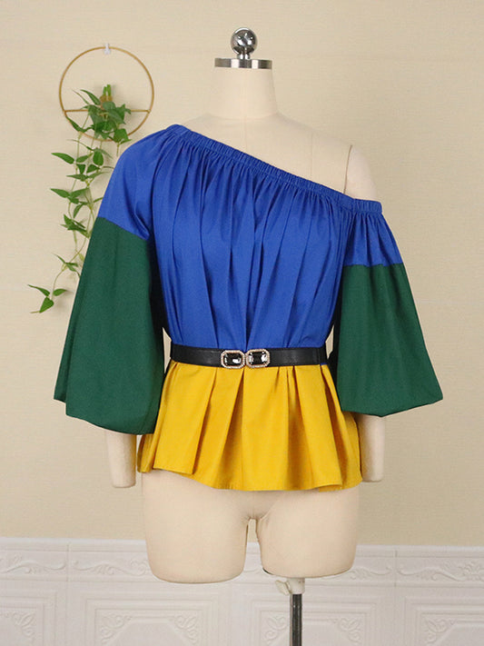 Loose Belted Color-Block Falbala One-Shoulder Shirts Tops