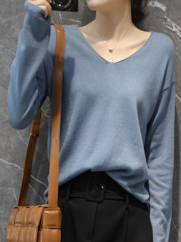 Simple Solid Color V-Neck Long Sleeve Knitwear Tops