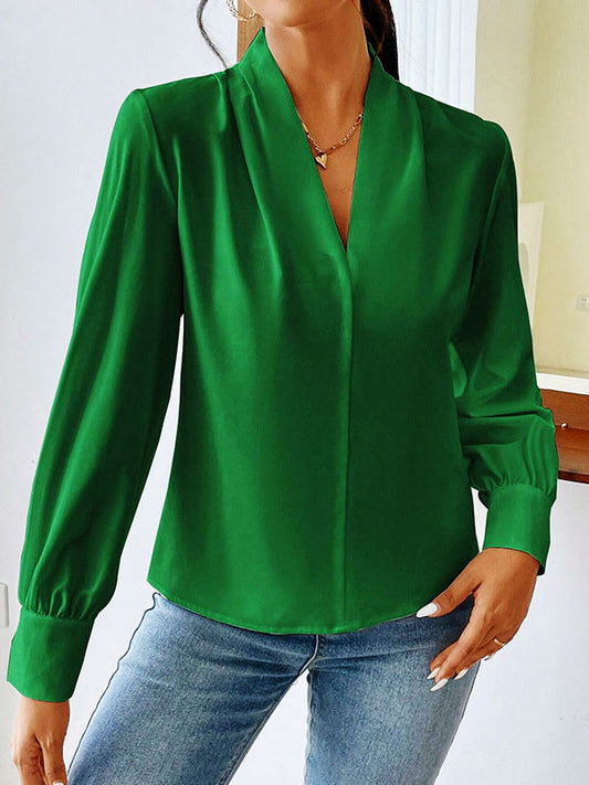 Long Sleeves Loose Pleated Solid Color Split-Joint V-Neck Blouses&Shirts Tops