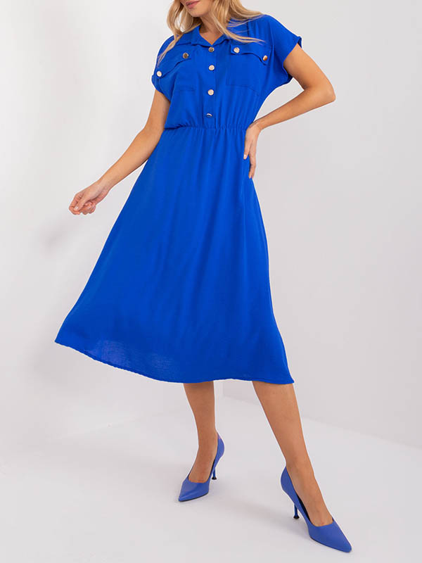 A-Line High Waisted Buttoned Pleated Solid Color Lapel Midi Dresses